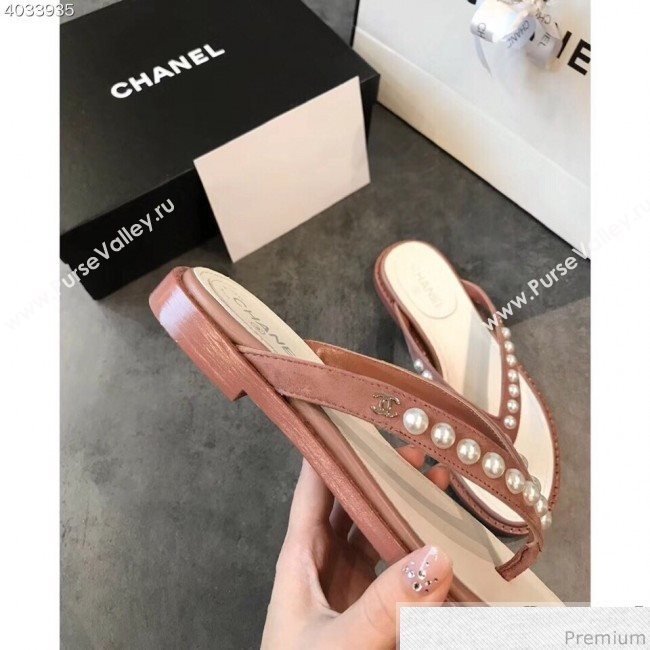 Chanel Flat Suede Pearl Slide Thong Sandal Light Pink 2019 (EM-9032810)