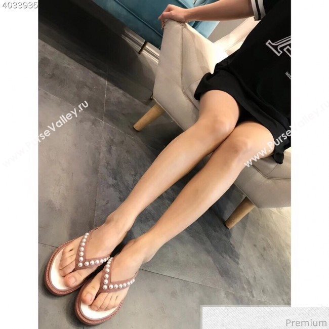 Chanel Flat Suede Pearl Slide Thong Sandal Light Pink 2019 (EM-9032810)