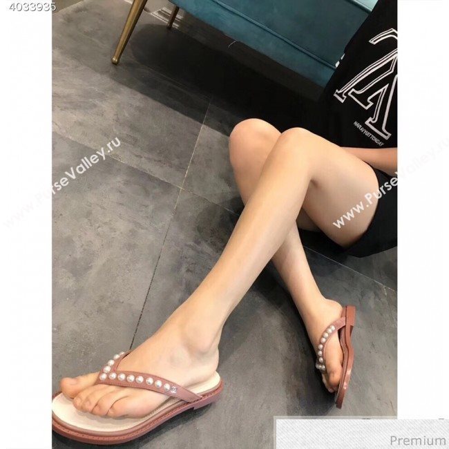 Chanel Flat Suede Pearl Slide Thong Sandal Light Pink 2019 (EM-9032810)