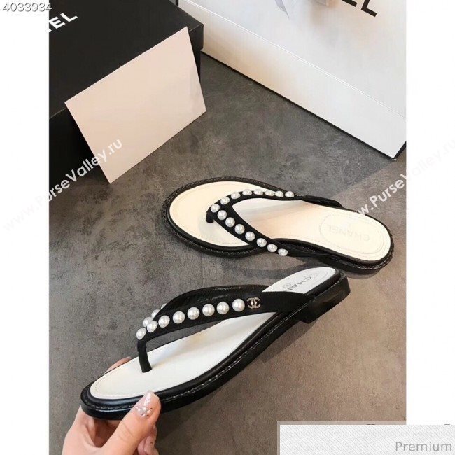 Chanel Flat Suede Pearl Slide Thong Sandal Black 2019 (EM-9032811)