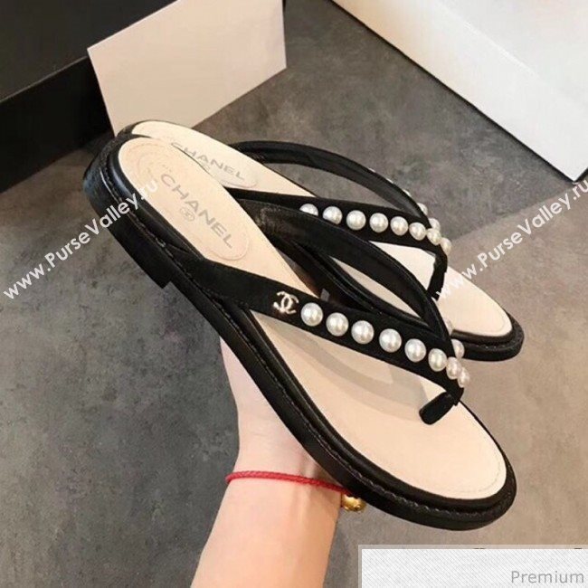 Chanel Flat Suede Pearl Slide Thong Sandal Black 2019 (EM-9032811)