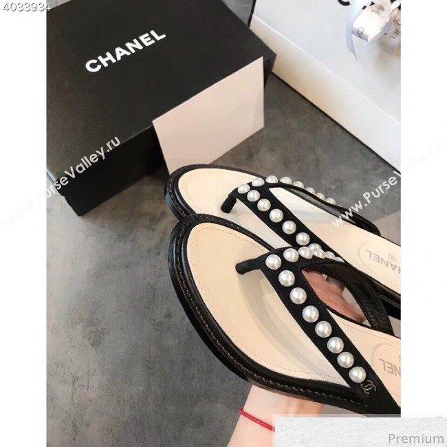 Chanel Flat Suede Pearl Slide Thong Sandal Black 2019 (EM-9032811)