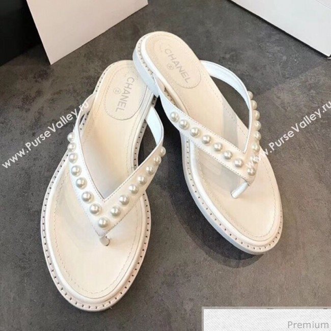 Chanel Flat Leather Pearl Slide Thong Sandal White 2019 (EM-9032812)