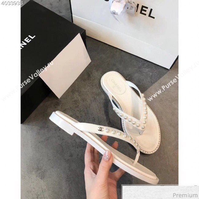 Chanel Flat Leather Pearl Slide Thong Sandal White 2019 (EM-9032812)