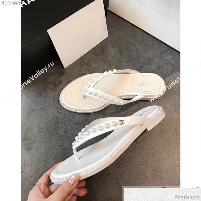 Chanel Flat Leather Pearl Slide Thong Sandal White 2019 (EM-9032812)