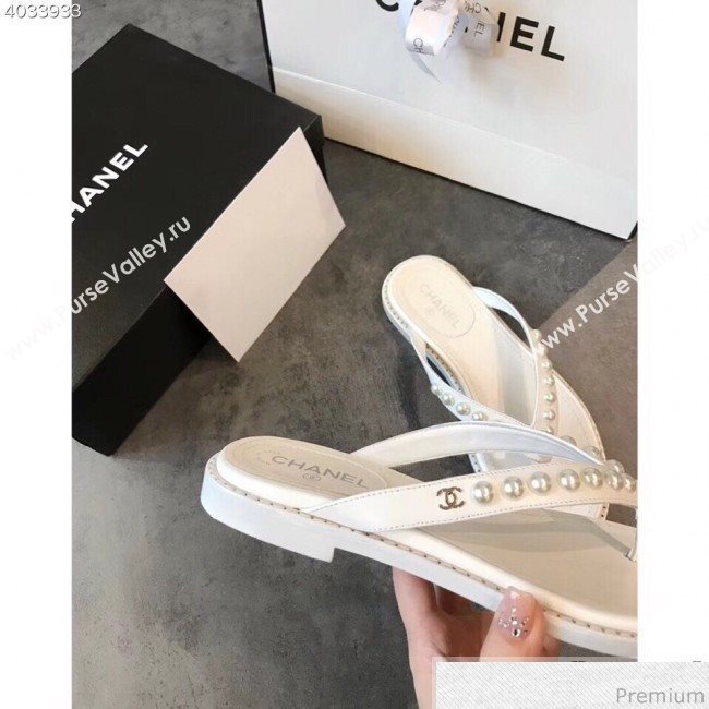 Chanel Flat Leather Pearl Slide Thong Sandal White 2019 (EM-9032812)