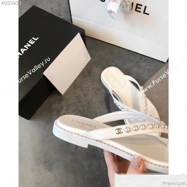 Chanel Flat Leather Pearl Slide Thong Sandal White 2019 (EM-9032812)