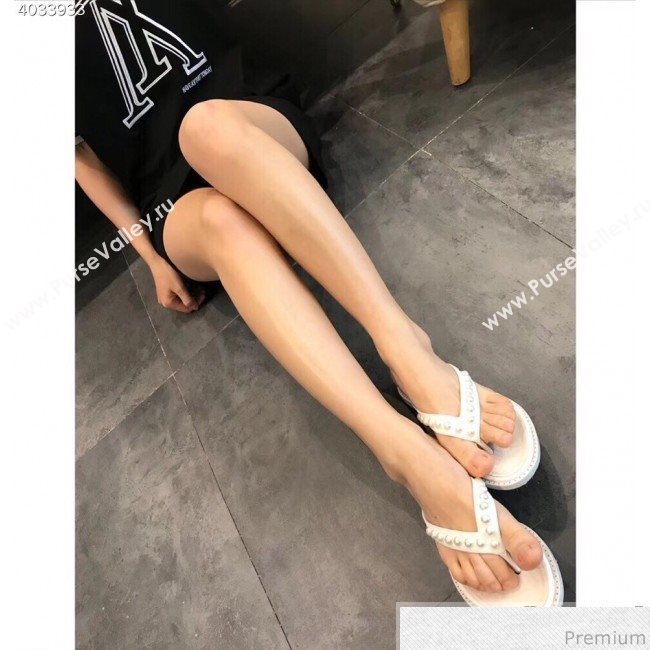 Chanel Flat Leather Pearl Slide Thong Sandal White 2019 (EM-9032812)