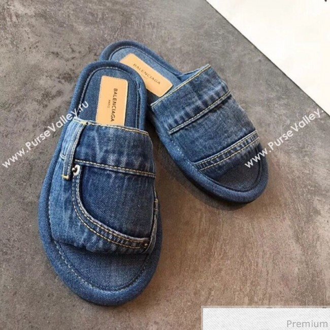 Balenciaga Flat Denim Fabric Slide Sandals Blue 2019 (EM-9032813)