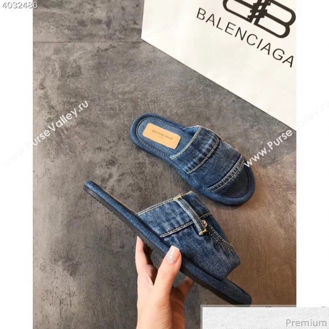 Balenciaga Flat Denim Fabric Slide Sandals Blue 2019 (EM-9032813)
