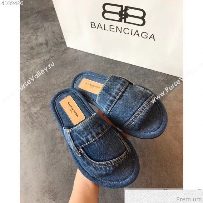 Balenciaga Flat Denim Fabric Slide Sandals Blue 2019 (EM-9032813)