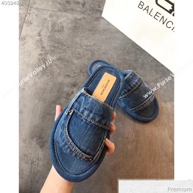 Balenciaga Flat Denim Fabric Slide Sandals Blue 2019 (EM-9032813)