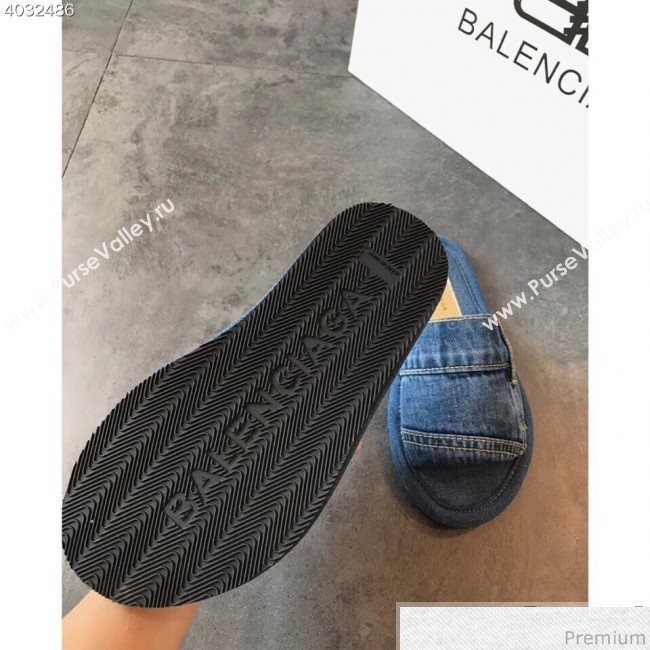 Balenciaga Flat Denim Fabric Slide Sandals Blue 2019 (EM-9032813)