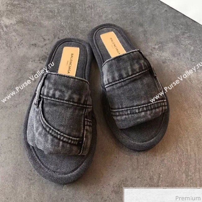Balenciaga Flat Denim Fabric Slide Sandals Black 2019 (EM-9032814)