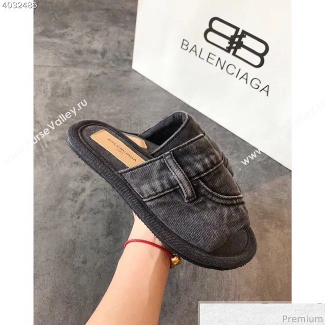 Balenciaga Flat Denim Fabric Slide Sandals Black 2019 (EM-9032814)