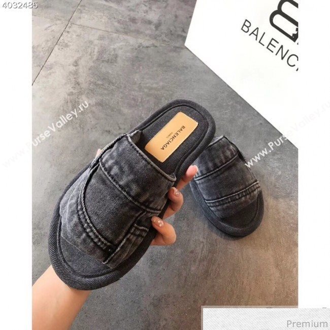 Balenciaga Flat Denim Fabric Slide Sandals Black 2019 (EM-9032814)