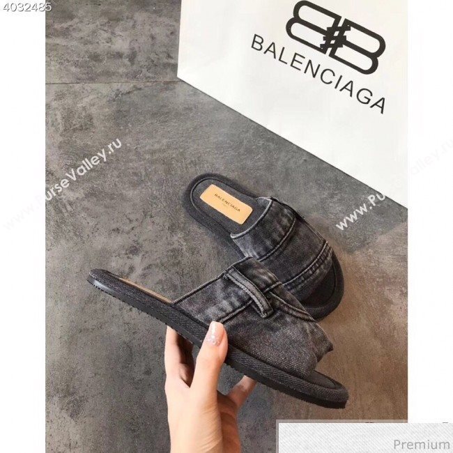 Balenciaga Flat Denim Fabric Slide Sandals Black 2019 (EM-9032814)