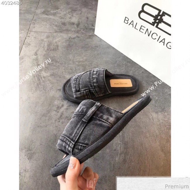 Balenciaga Flat Denim Fabric Slide Sandals Black 2019 (EM-9032814)