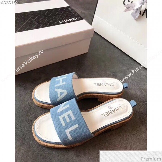 Chanel Denim Logo Slide Mule Sandals G34876 Blue/White 2019 (EM-9032815)