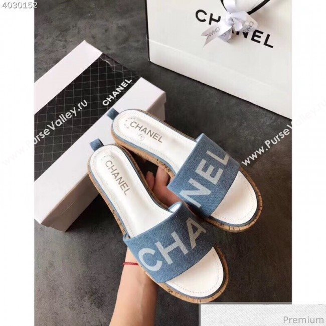 Chanel Denim Logo Slide Mule Sandals G34876 Blue/White 2019 (EM-9032815)