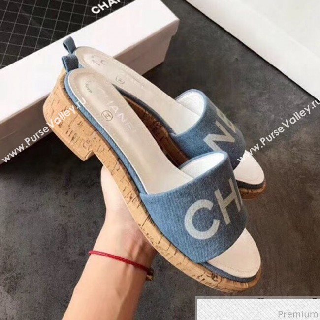 Chanel Denim Logo Slide Mule Sandals G34876 Blue/White 2019 (EM-9032815)