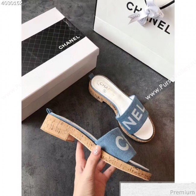 Chanel Denim Logo Slide Mule Sandals G34876 Blue/White 2019 (EM-9032815)