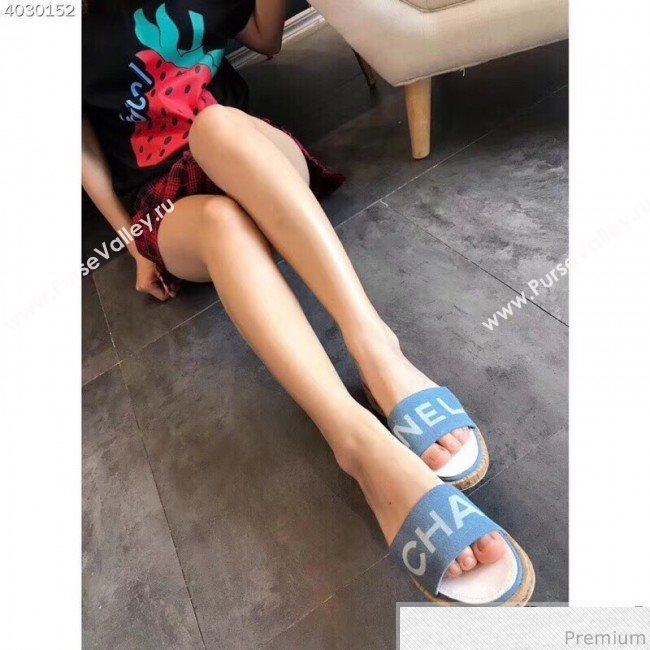 Chanel Denim Logo Slide Mule Sandals G34876 Blue/White 2019 (EM-9032815)