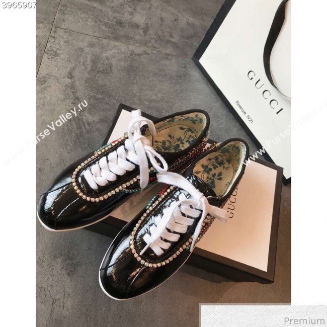 Gucci Crystal Stripes Sneakers in Black Patent Crinkled Leather 2019 (EM-9032817)