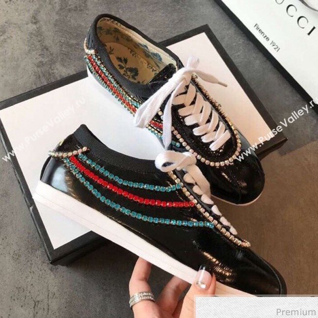 Gucci Crystal Stripes Sneakers in Black Patent Crinkled Leather 2019 (EM-9032817)