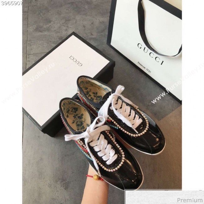 Gucci Crystal Stripes Sneakers in Black Patent Crinkled Leather 2019 (EM-9032817)