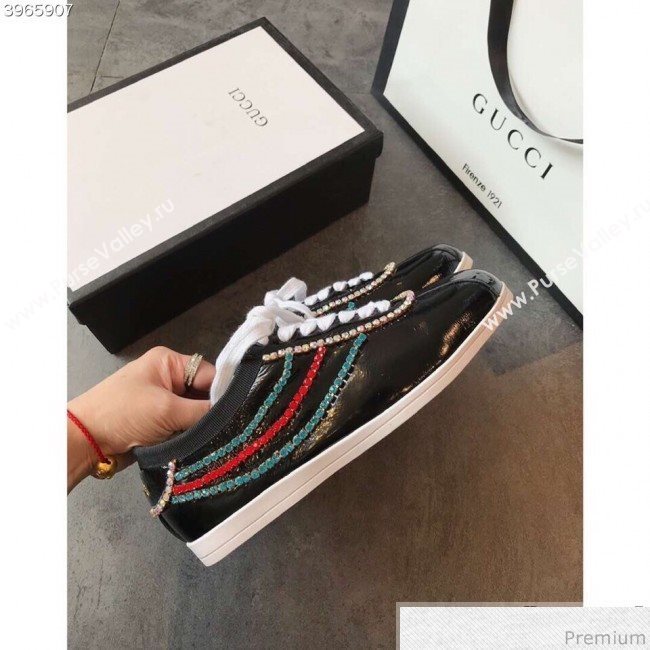 Gucci Crystal Stripes Sneakers in Black Patent Crinkled Leather 2019 (EM-9032817)