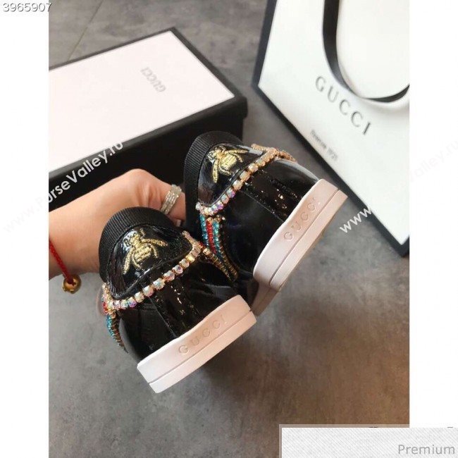 Gucci Crystal Stripes Sneakers in Black Patent Crinkled Leather 2019 (EM-9032817)