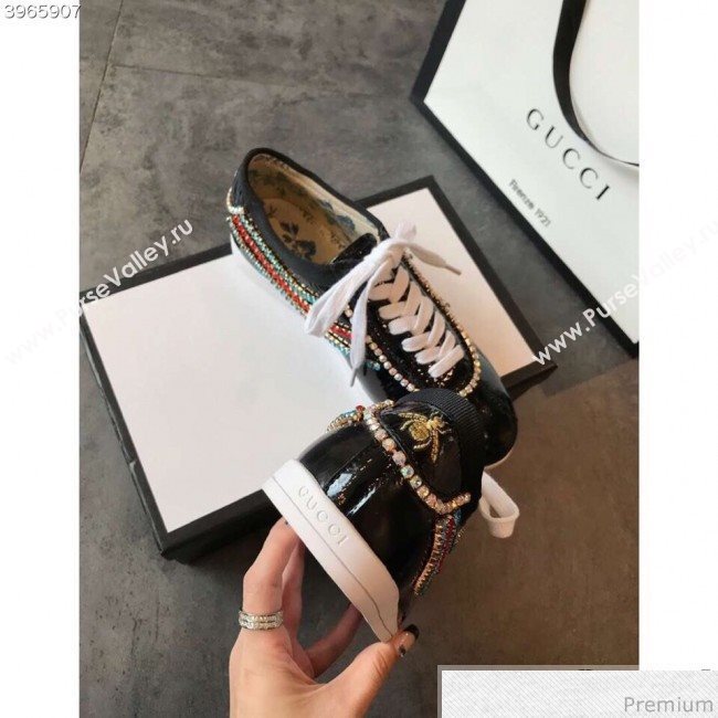 Gucci Crystal Stripes Sneakers in Black Patent Crinkled Leather 2019 (EM-9032817)