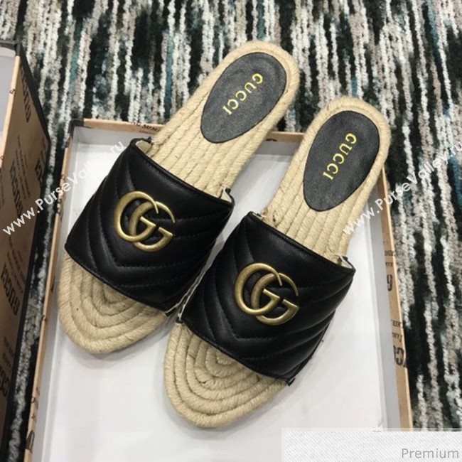 Gucci Leather Espadrille Slide Sandal 573028 Black 2019 (LRF-9032824)