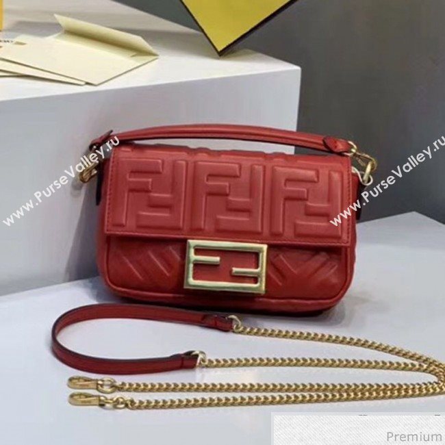 Fendi Baguette Mini FF Logo Lambskin Flap Bag Red 2019 (CL-9032637)