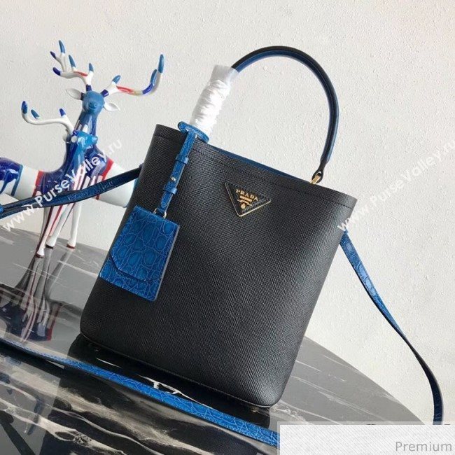 Prada Double Crocodile and Leather Bucket Bag 1BA212 Black/Blue 2019 (PYZ-9032649)