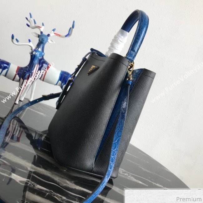 Prada Double Crocodile and Leather Bucket Bag 1BA212 Black/Blue 2019 (PYZ-9032649)