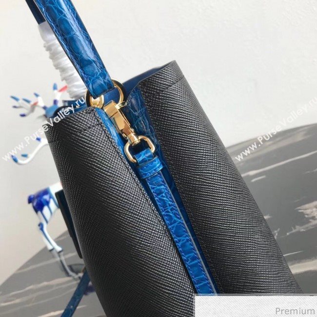 Prada Double Crocodile and Leather Bucket Bag 1BA212 Black/Blue 2019 (PYZ-9032649)