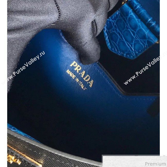 Prada Double Crocodile and Leather Bucket Bag 1BA212 Black/Blue 2019 (PYZ-9032649)