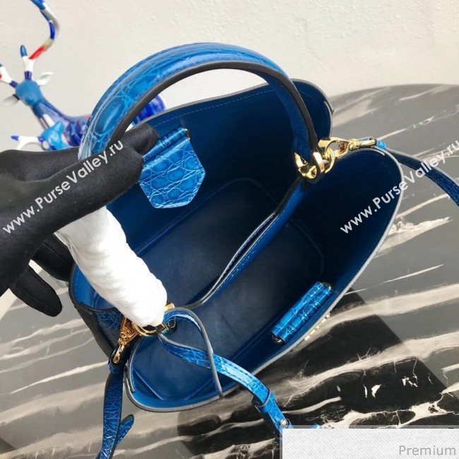 Prada Double Crocodile and Leather Bucket Bag 1BA212 Black/Blue 2019 (PYZ-9032649)