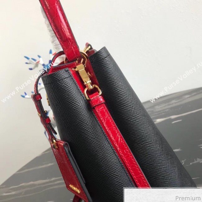 Prada Double Crocodile and Leather Bucket Bag 1BA212 Black/Red 2019 (PYZ-9032650)