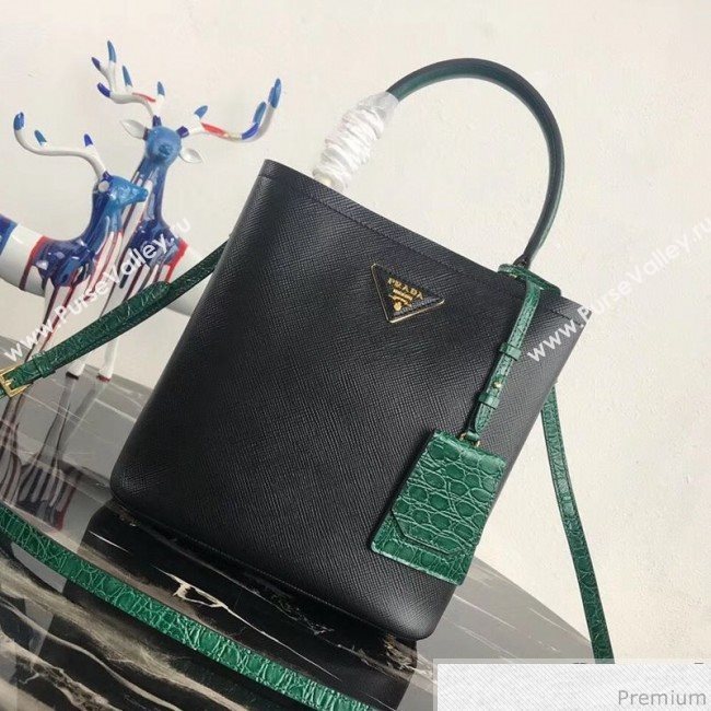 Prada Double Crocodile and Leather Bucket Bag 1BA212 Black/Green 2019 (PYZ-9032651)