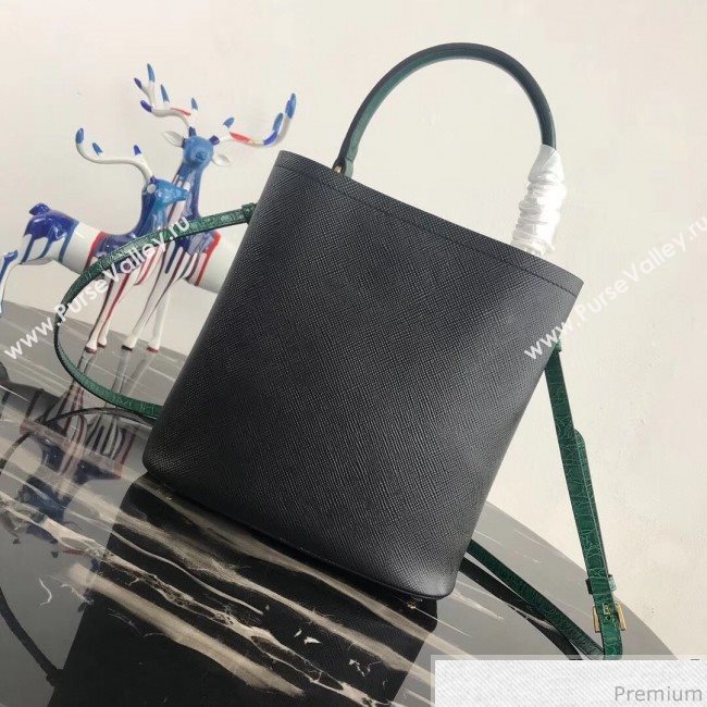 Prada Double Crocodile and Leather Bucket Bag 1BA212 Black/Green 2019 (PYZ-9032651)
