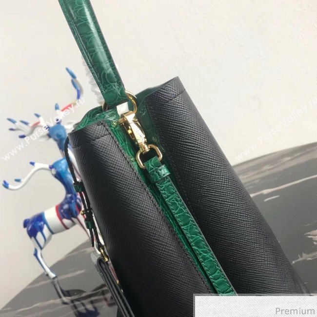 Prada Double Crocodile and Leather Bucket Bag 1BA212 Black/Green 2019 (PYZ-9032651)