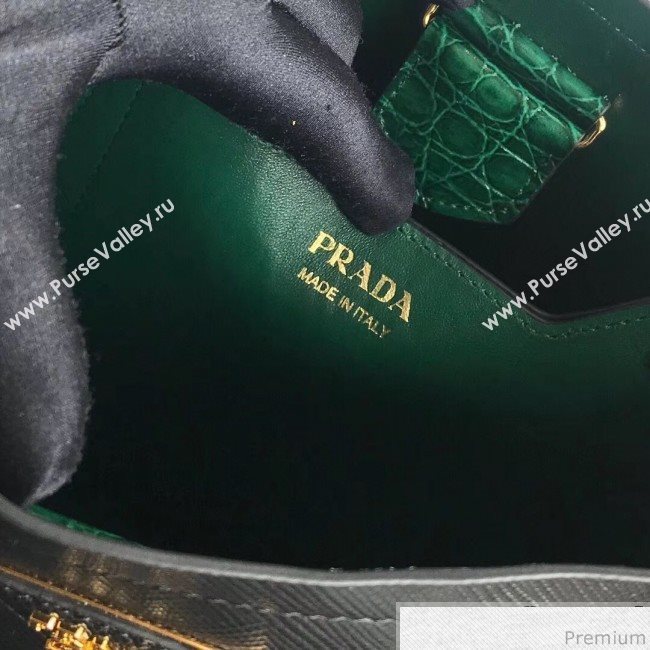 Prada Double Crocodile and Leather Bucket Bag 1BA212 Black/Green 2019 (PYZ-9032651)