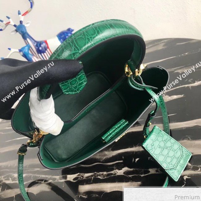 Prada Double Crocodile and Leather Bucket Bag 1BA212 Black/Green 2019 (PYZ-9032651)