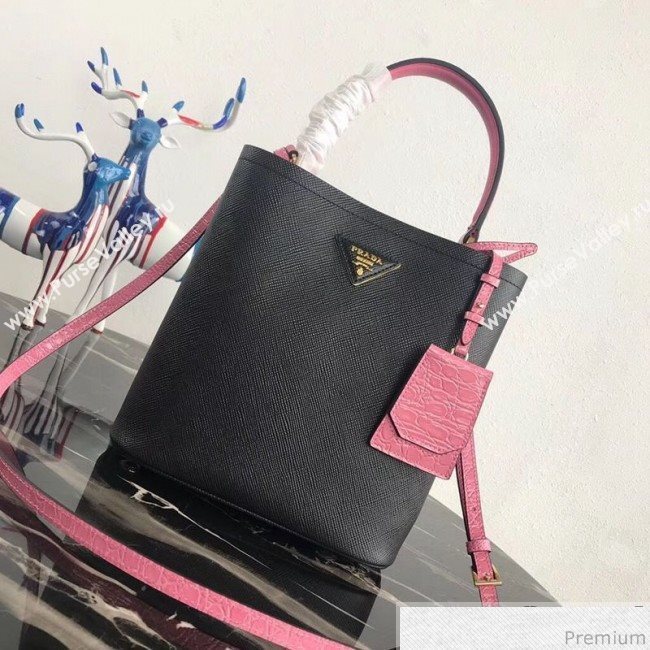 Prada Double Crocodile and Leather Bucket Bag 1BA212 Black/Pink 2019 (PYZ-9032652)