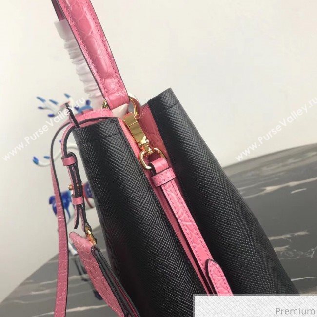 Prada Double Crocodile and Leather Bucket Bag 1BA212 Black/Pink 2019 (PYZ-9032652)