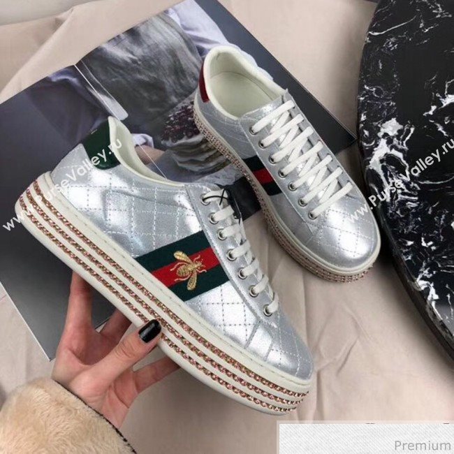 Gucci Ace Sneaker with Crystals 557878 Silver 2019 (HZX-9030801)