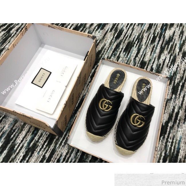 Gucci Leather Espadrille Mules Slippers with Double G 551881 Black 2019 (LRF-9032832)